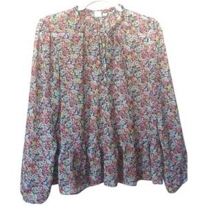 GAP Women Sz L Floral Peplum Blouse Pink Yellow Blue Ruffle Tie Neck Sheer